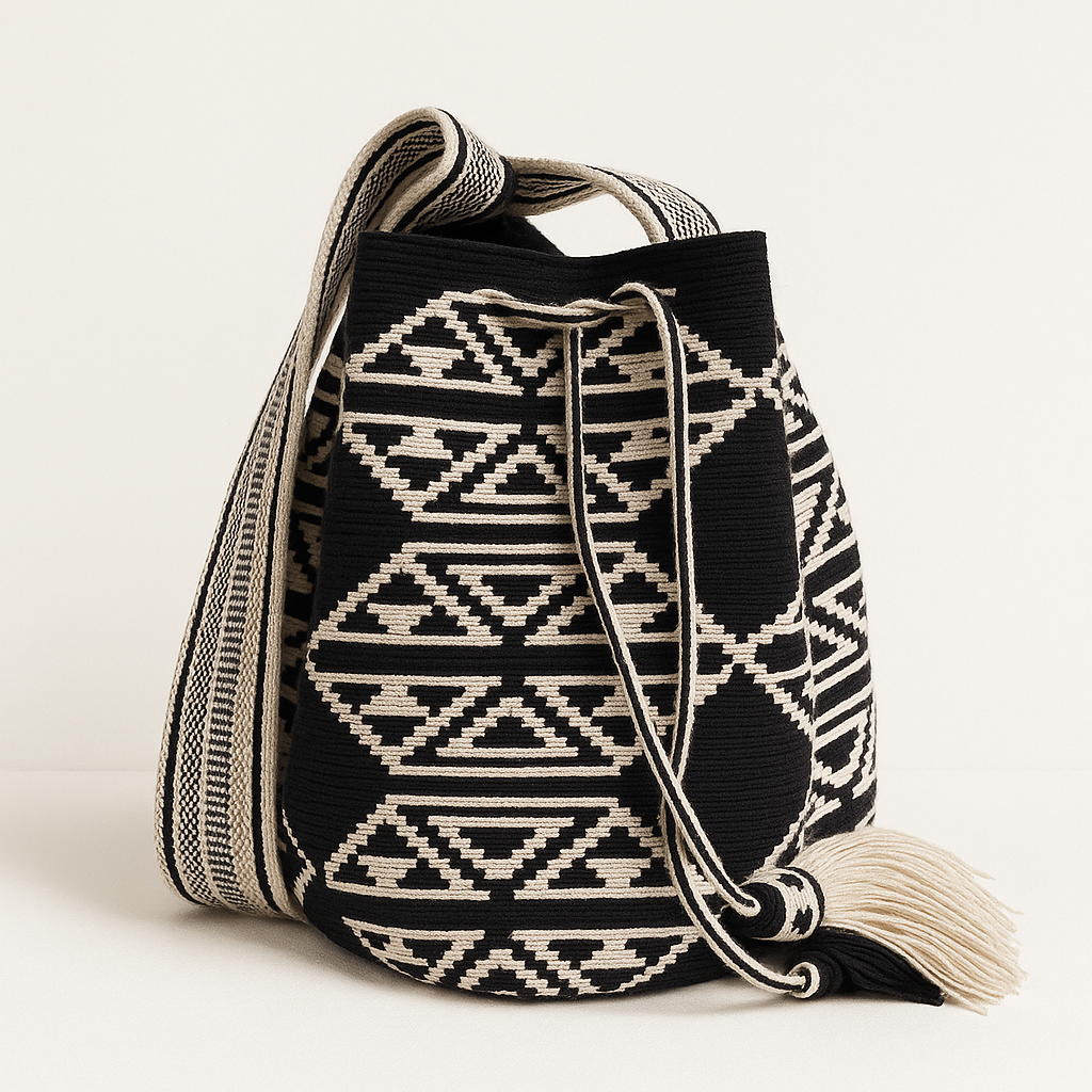 Mochila Wayuu Katuma grande in nero e sabbia con disegno geometrico e nappine – Volver Bags