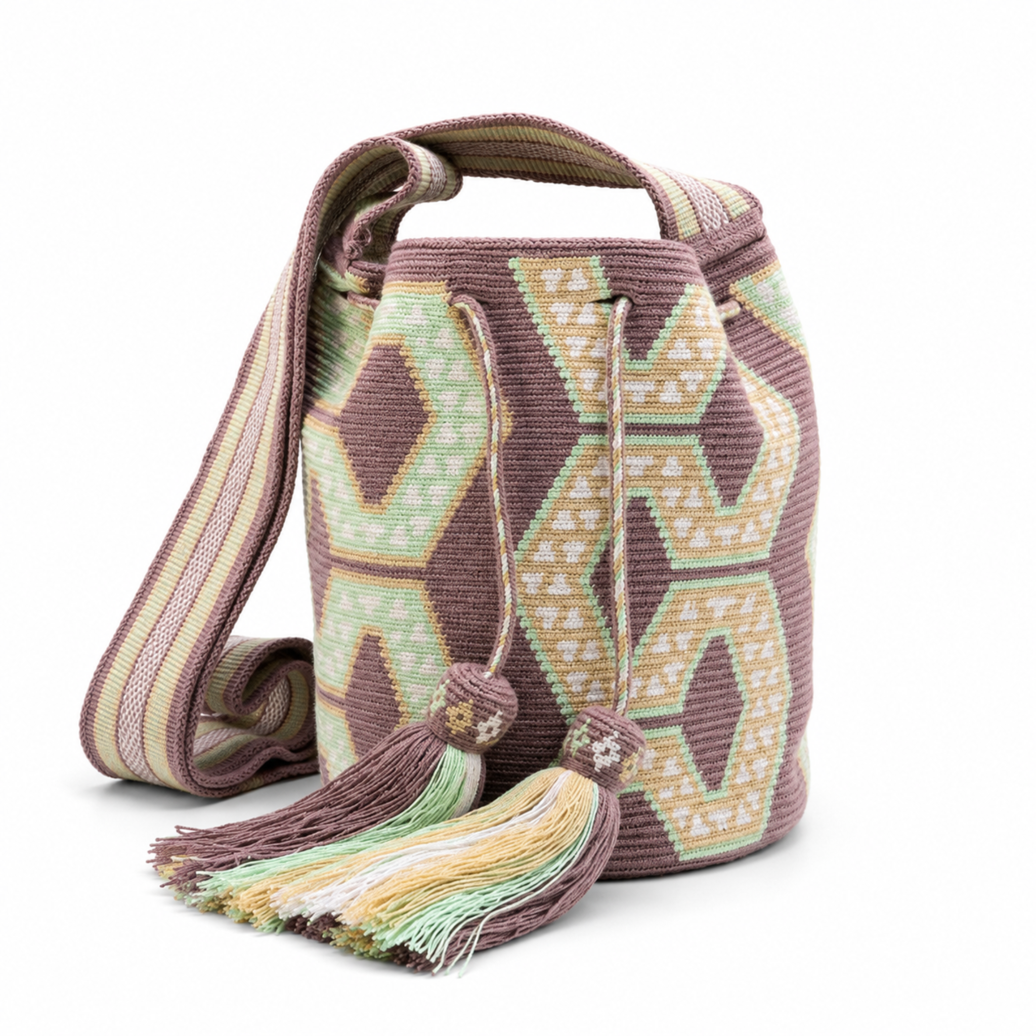 Classica borsa wayuu Serena, salvia e malva
