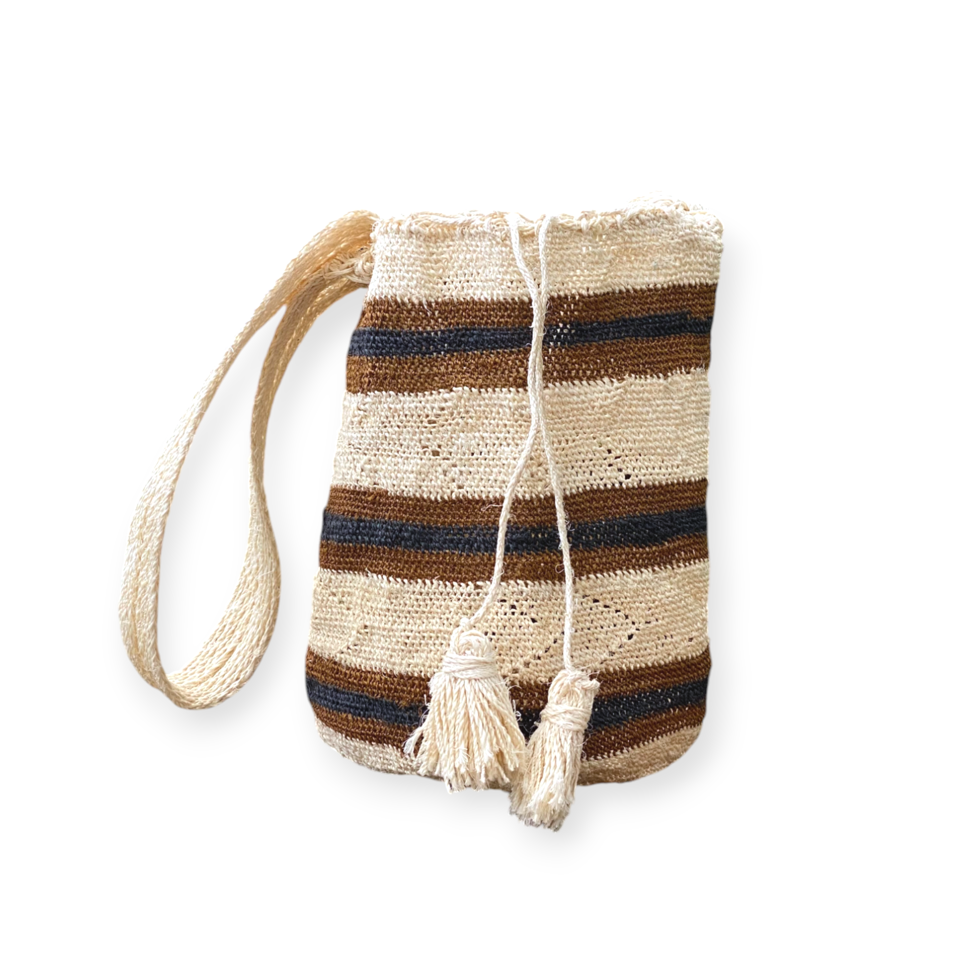 Borsa in fibra vegetale colore ecru con doppia riga alternata tabcco e blu