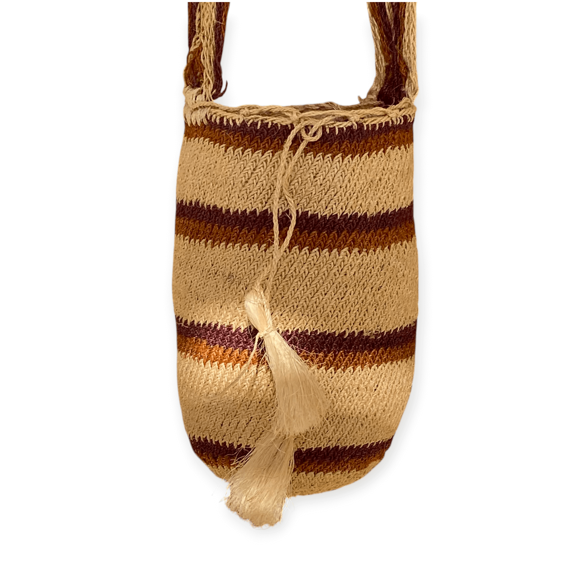 borsa in fibra di agave naturale, base dellla mochila ecrue con riche nelle tonalità terrose del ruggine e del prugna