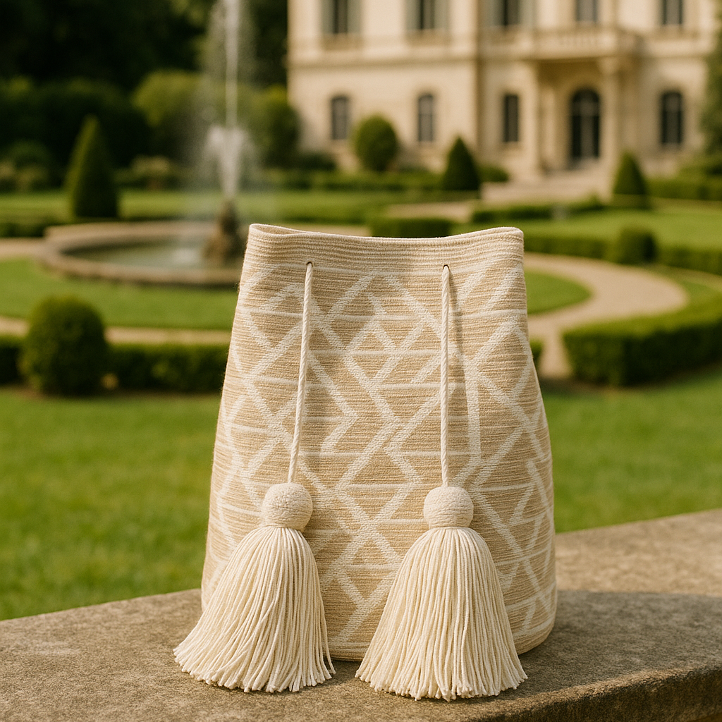 Mochila Wayuu beige e avorio con disegno geometrico e nappine, posata su un parapetto in pietra con sullo sfondo una villa neoclassica e giardino curato.