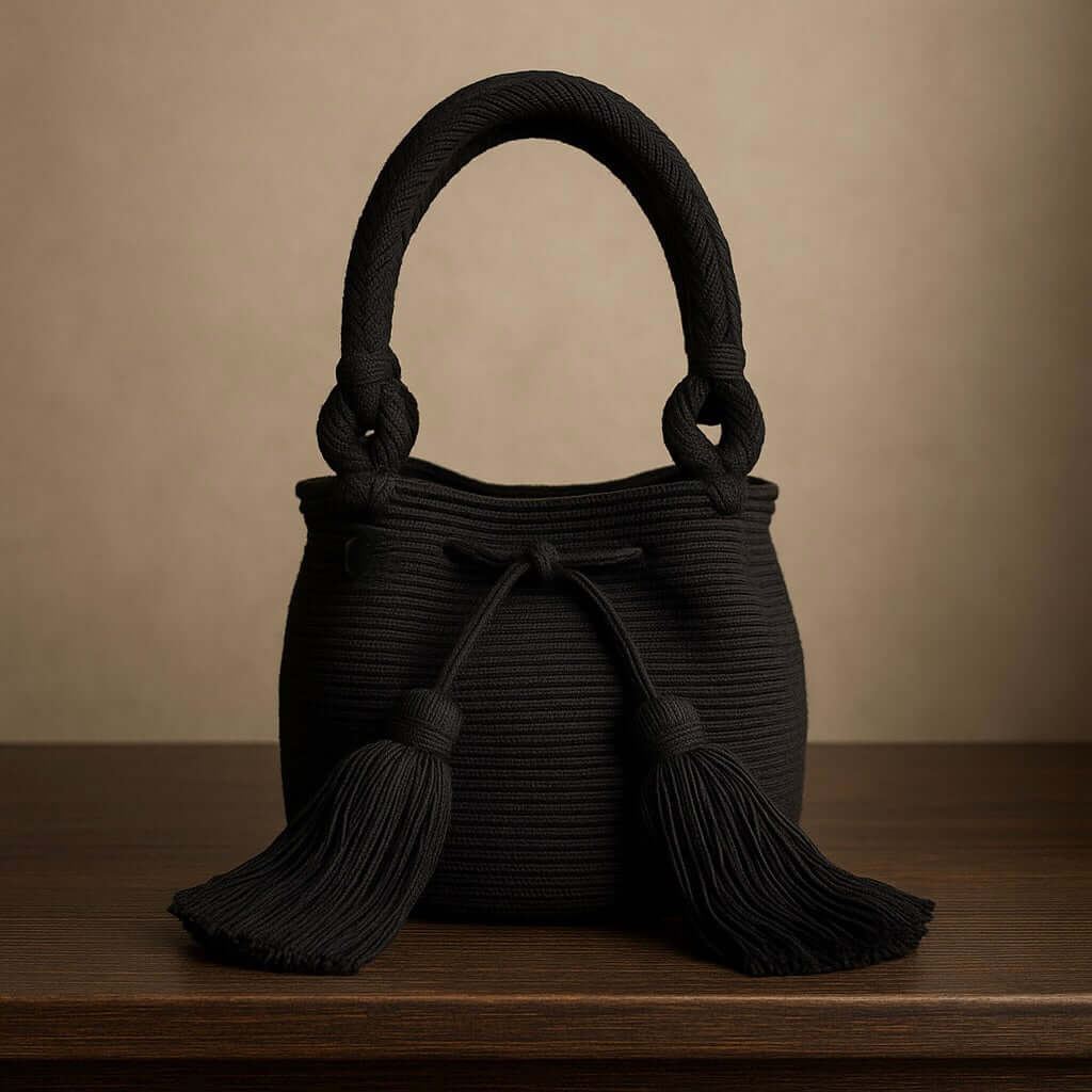 mini borsa con due manici artigianale nera