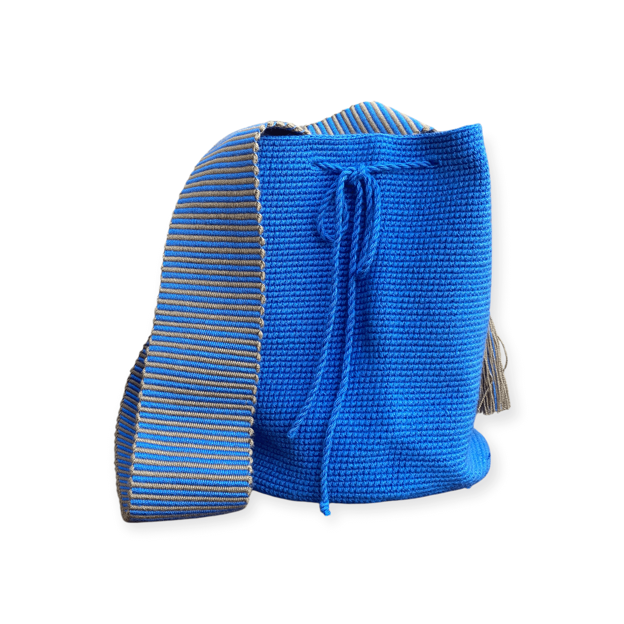Mochila Wayuu artigianale blu cobalto con tracolla a righe beige e blu – Volver Bags