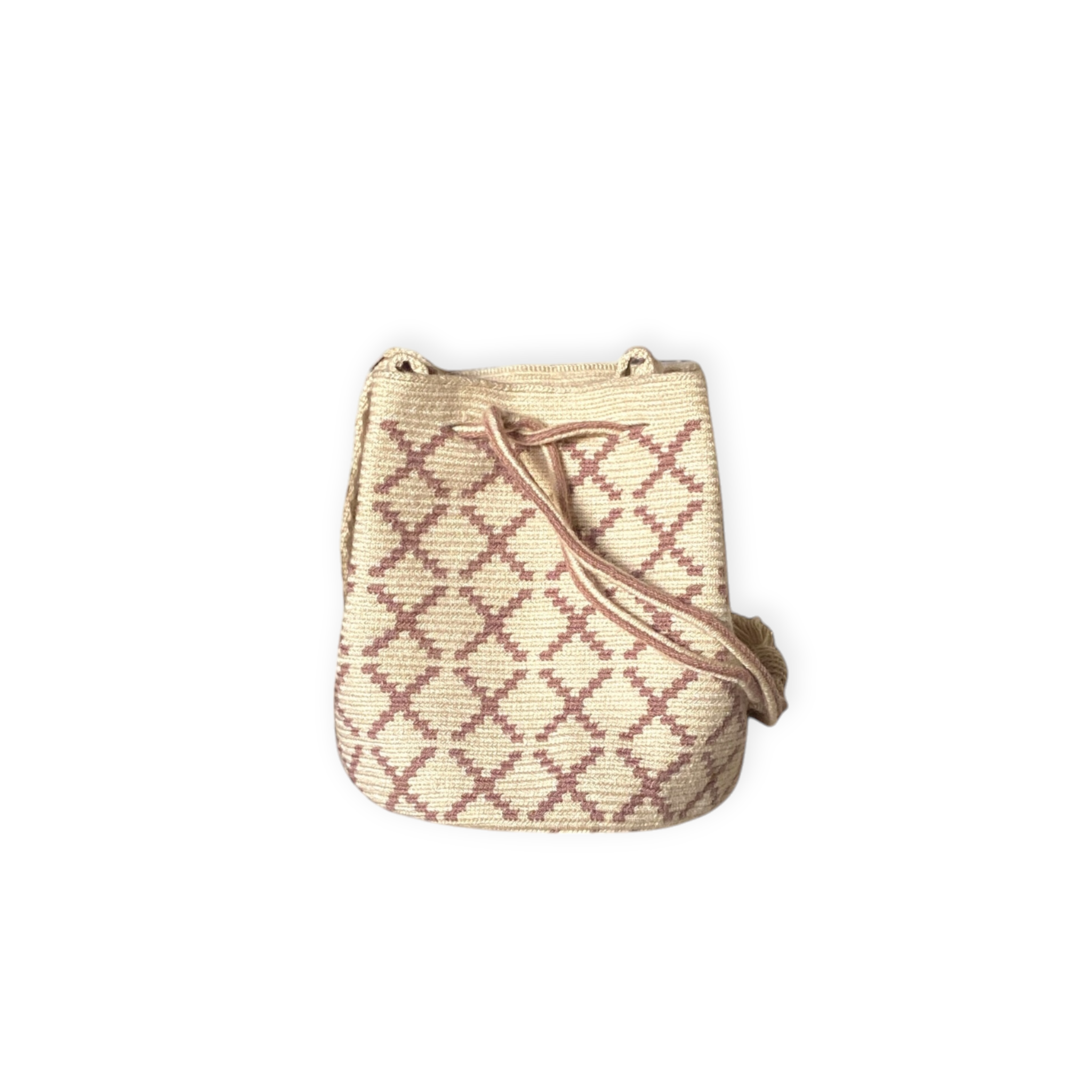 Mochila Piccola Nivea - Borsa artigianale beige con piccoli motivi malva fatta a mano in Colombia