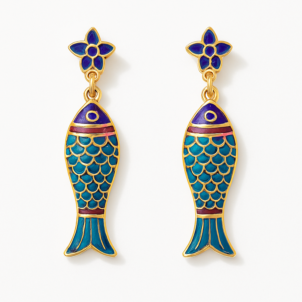 Orecchini pendenti a forma di pesce smaltati blu e rossi con dettagli dorati – bijoux artigianali Volver Bags
