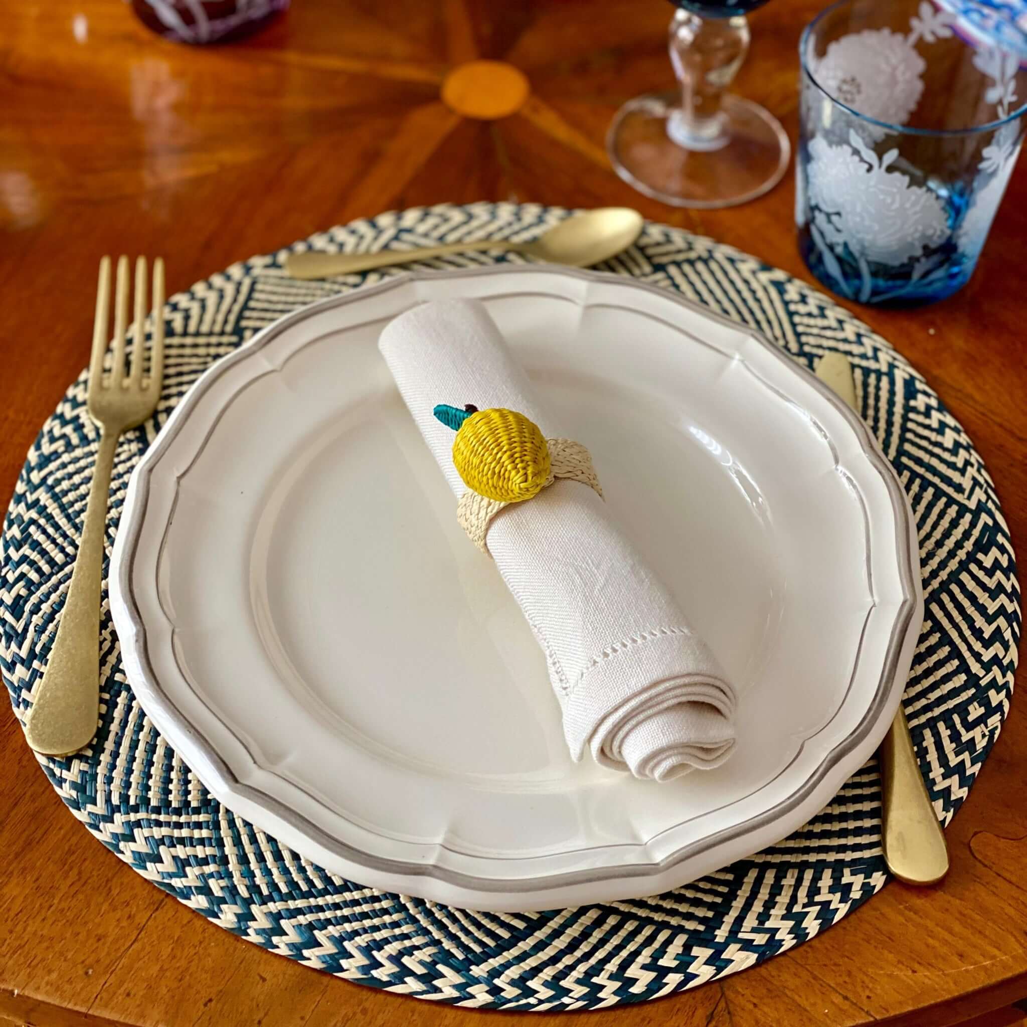 Portatovagliolo artigianale palma iraca limone con tovaglietta abbinata