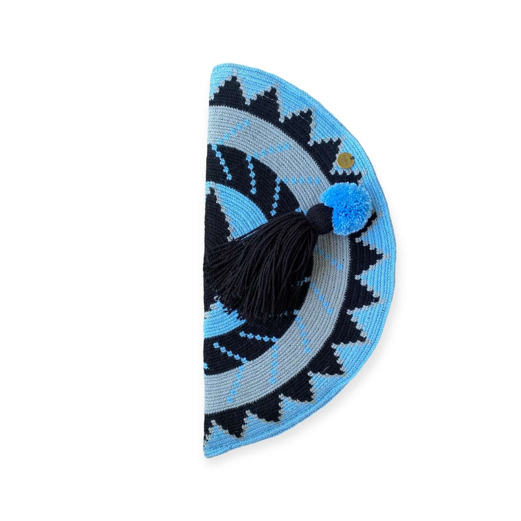 Pochette Wayuu artigianale azzurra 28x13,5 cm con nappina, fatta a mano in Colombia – Volver Bags