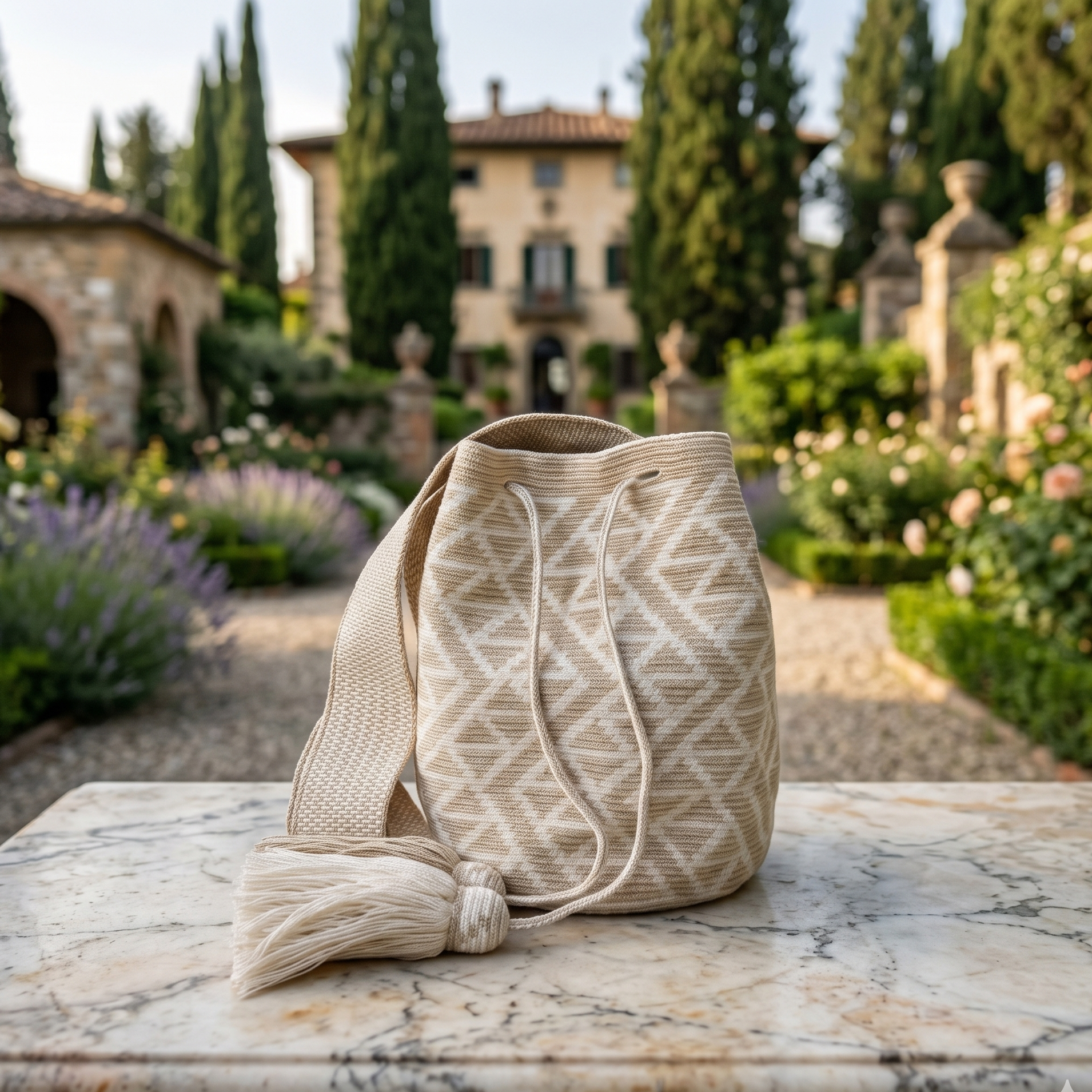 borsa Wayuu beige e avorio con disegno geometrico e nappine, sullo sfondo una villa e giardino curato.