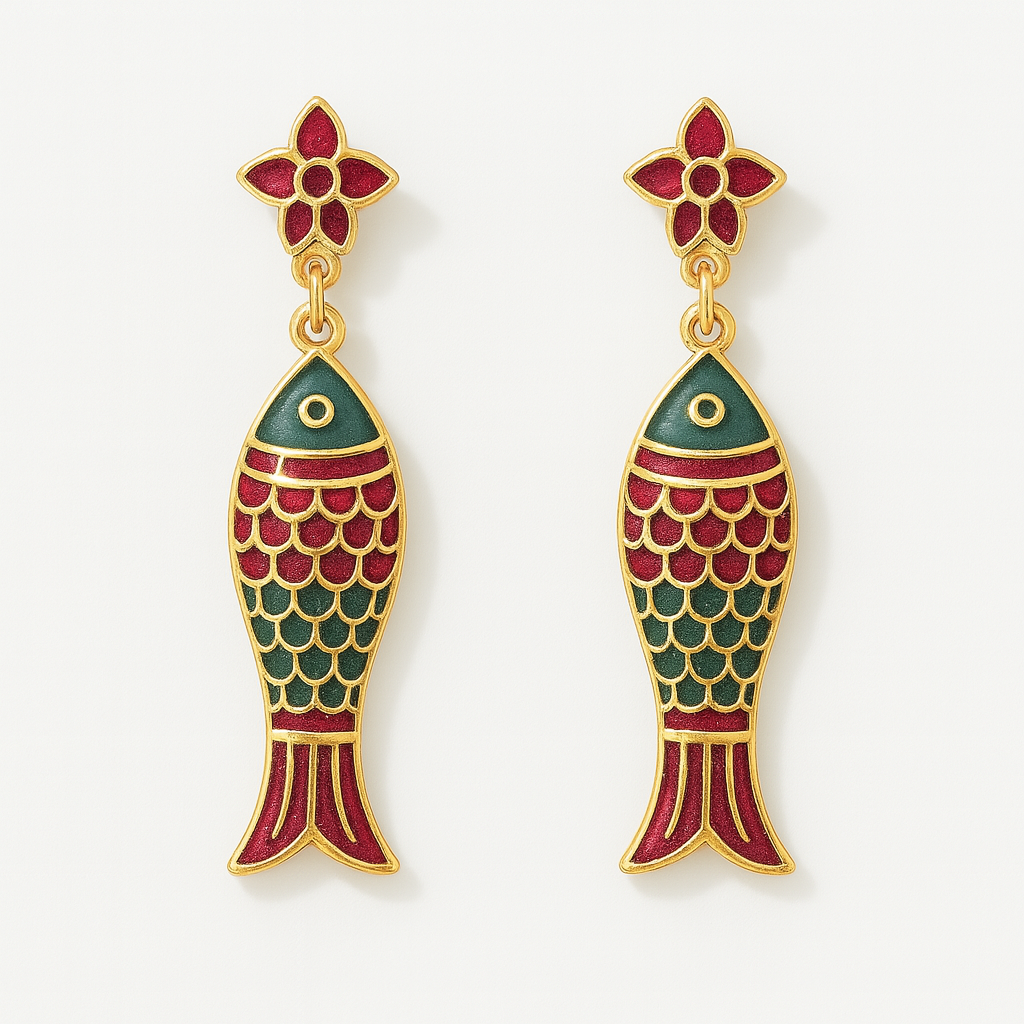 Orecchini pendenti romantici a forma di pesce smaltati rosso e verde con finitura dorata – accessori artigianali Volver Bags