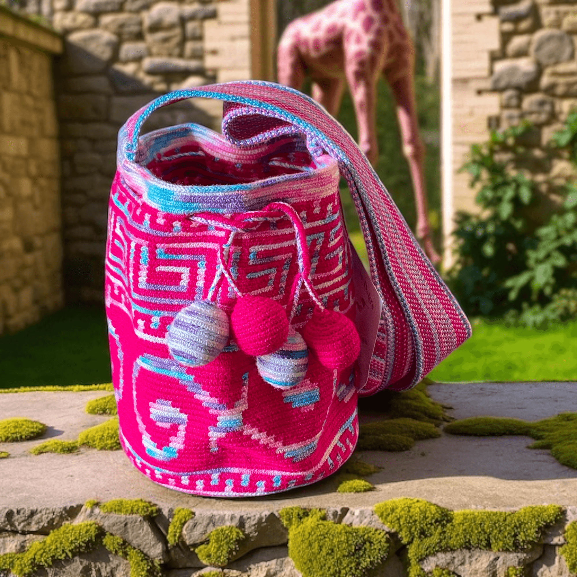 borsa piccola nelle tonalità fucsia, lilla e rosa, con filo degradante sull'azzurro. focus sulle nappina e sul patter ancestrale della borsa tessuta a mano