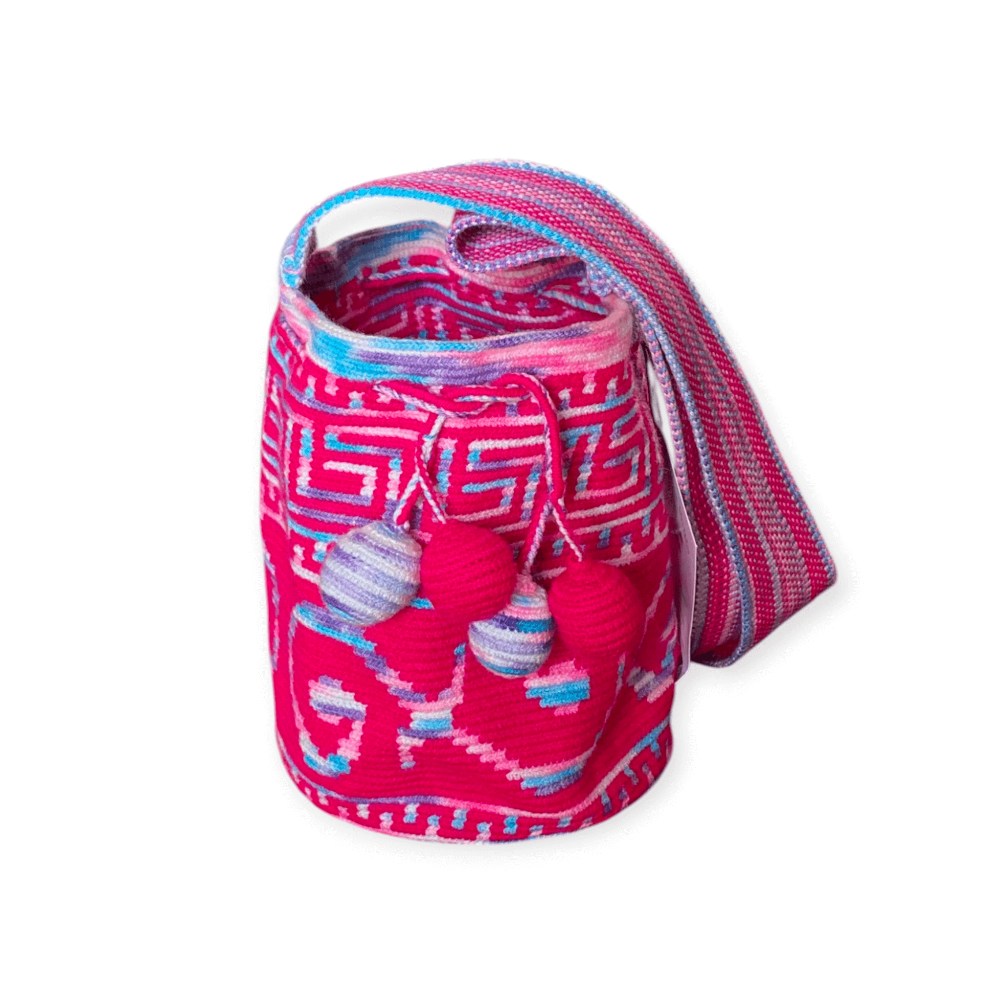 borsa piccola fucsia con sfumature rosa,lilla, pervinca e azzurre. Disegno tradizionale e nappina a pigna