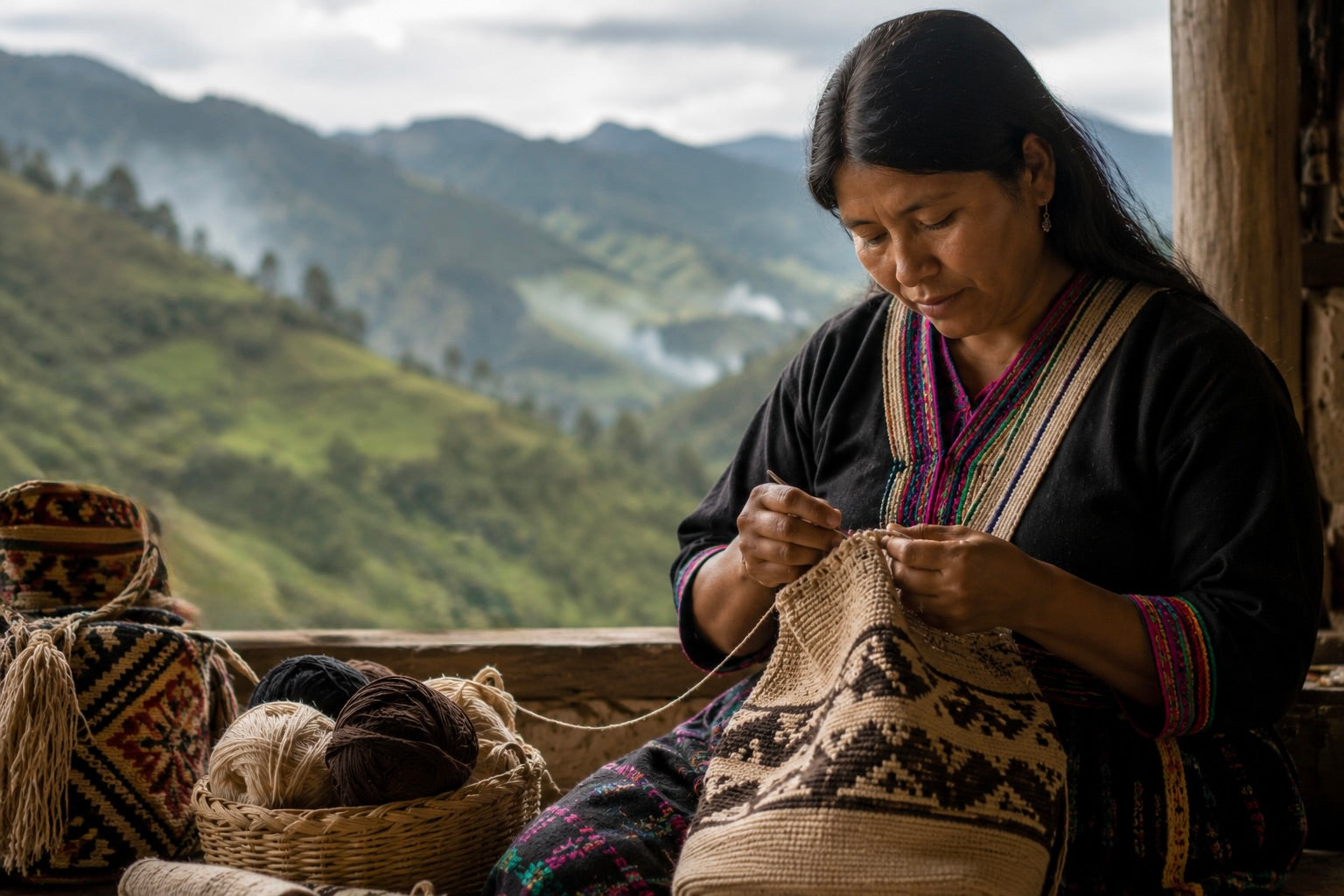 Donna artigiana indigena Nasa del Cauca, Colombia, mentre realizza a mano una borsa all’uncinetto tradizionale