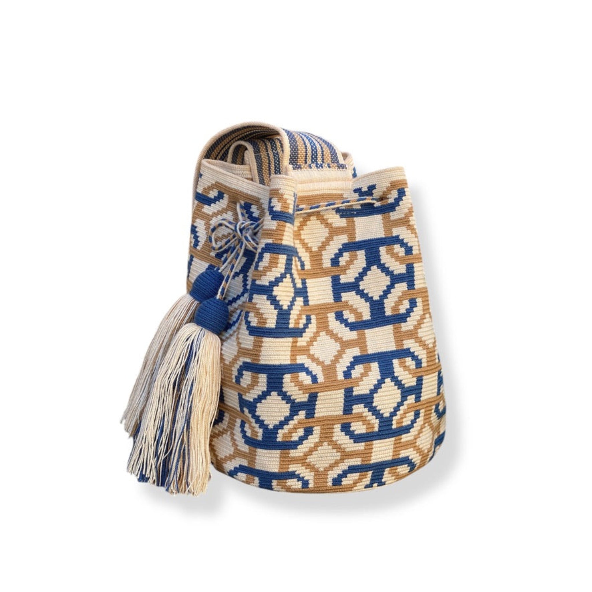 Borsa artigianale Wayuu Paraná grande, fatta a mano in Colombia, con tracolla intrecciata multicolore e motivi geometrici eleganti
