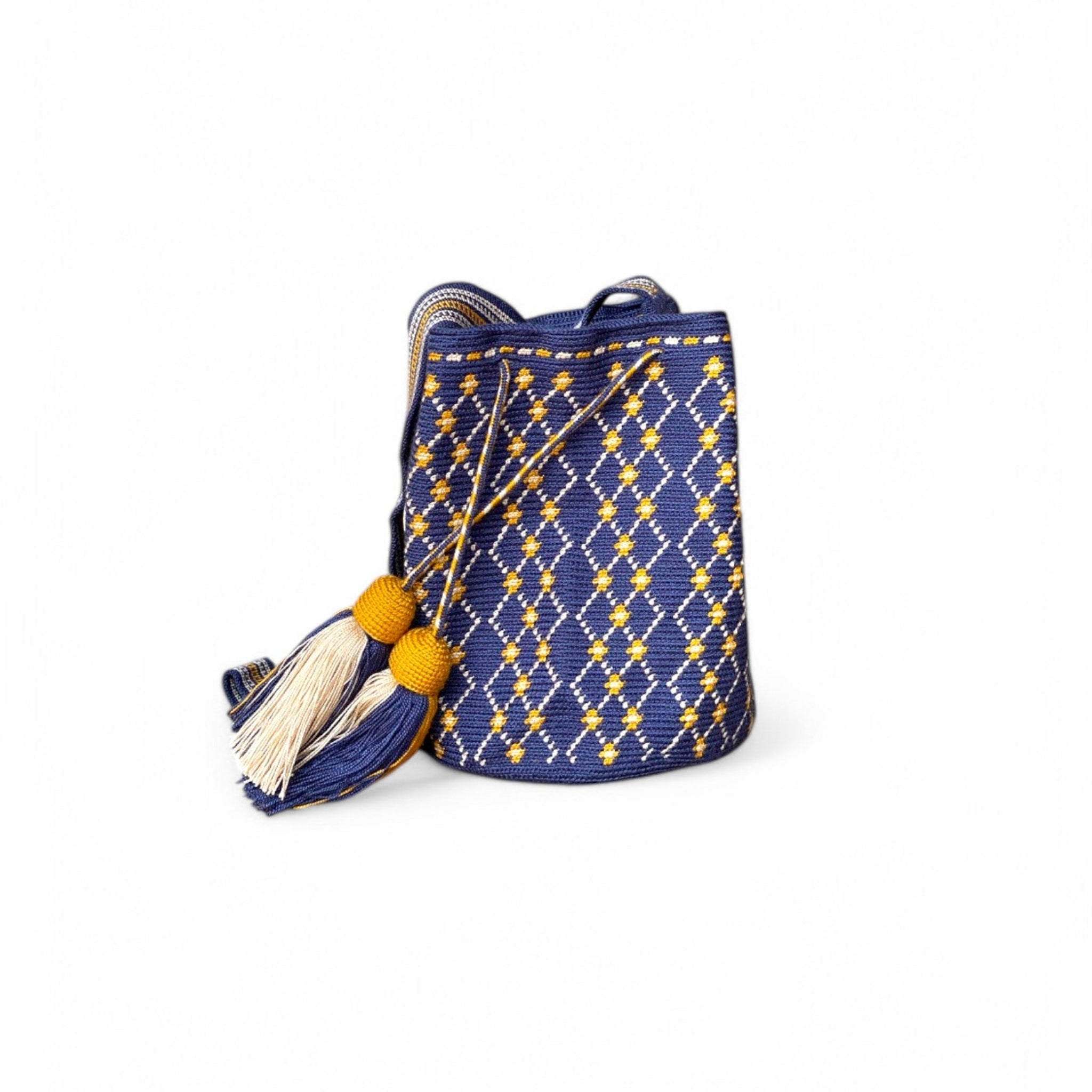 `Mochila Wayuu Media Liset - Borsa artigianale blu con rombi ocra e bianchi fatta a mano in Colombia