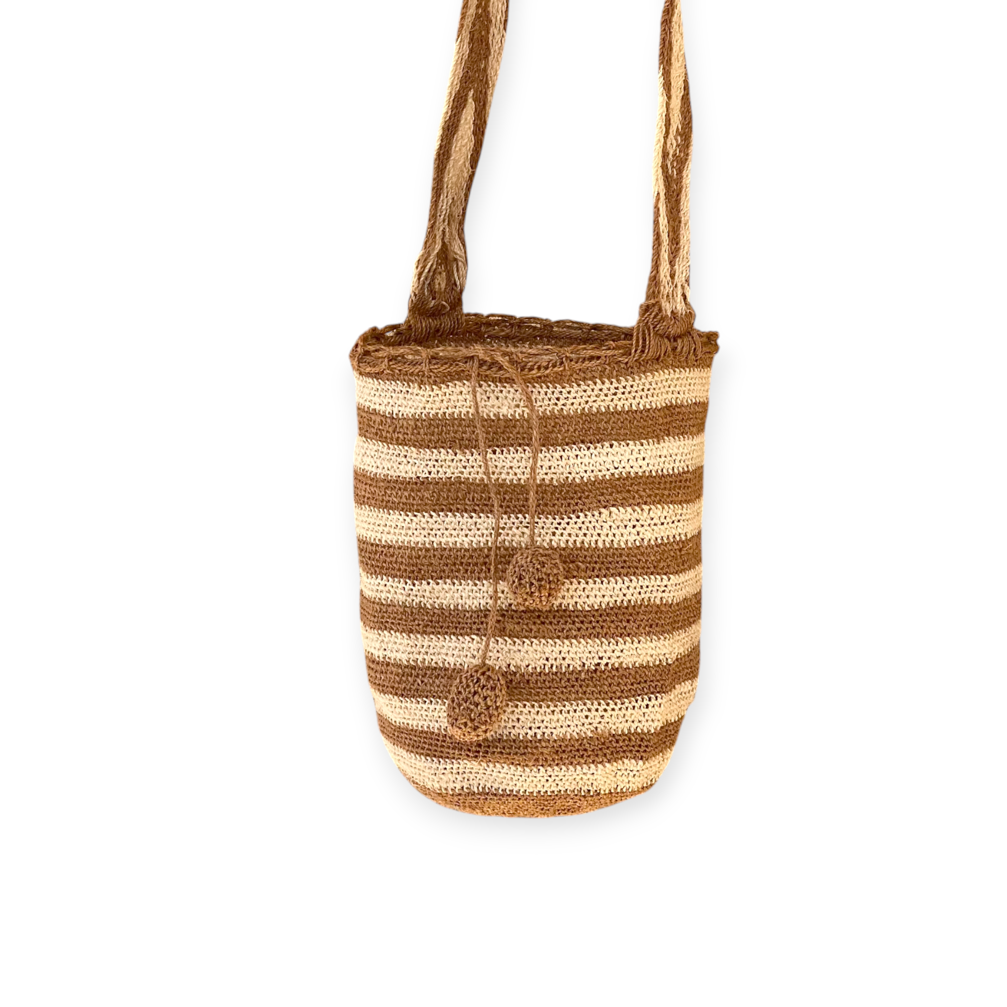 
Borsa Volver Bags a righe avorio e miele chiaro, realizzata a mano con materiali sostenibili.
