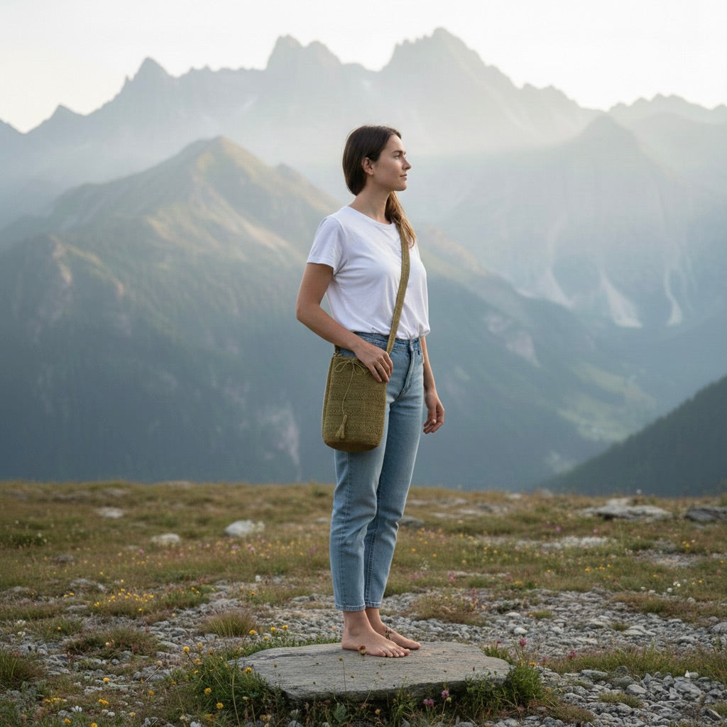 FIBI Bag Selva borsa artigianale colombiana in fique naturale colorata con pigmenti vegetali indossata da una modella in montagna