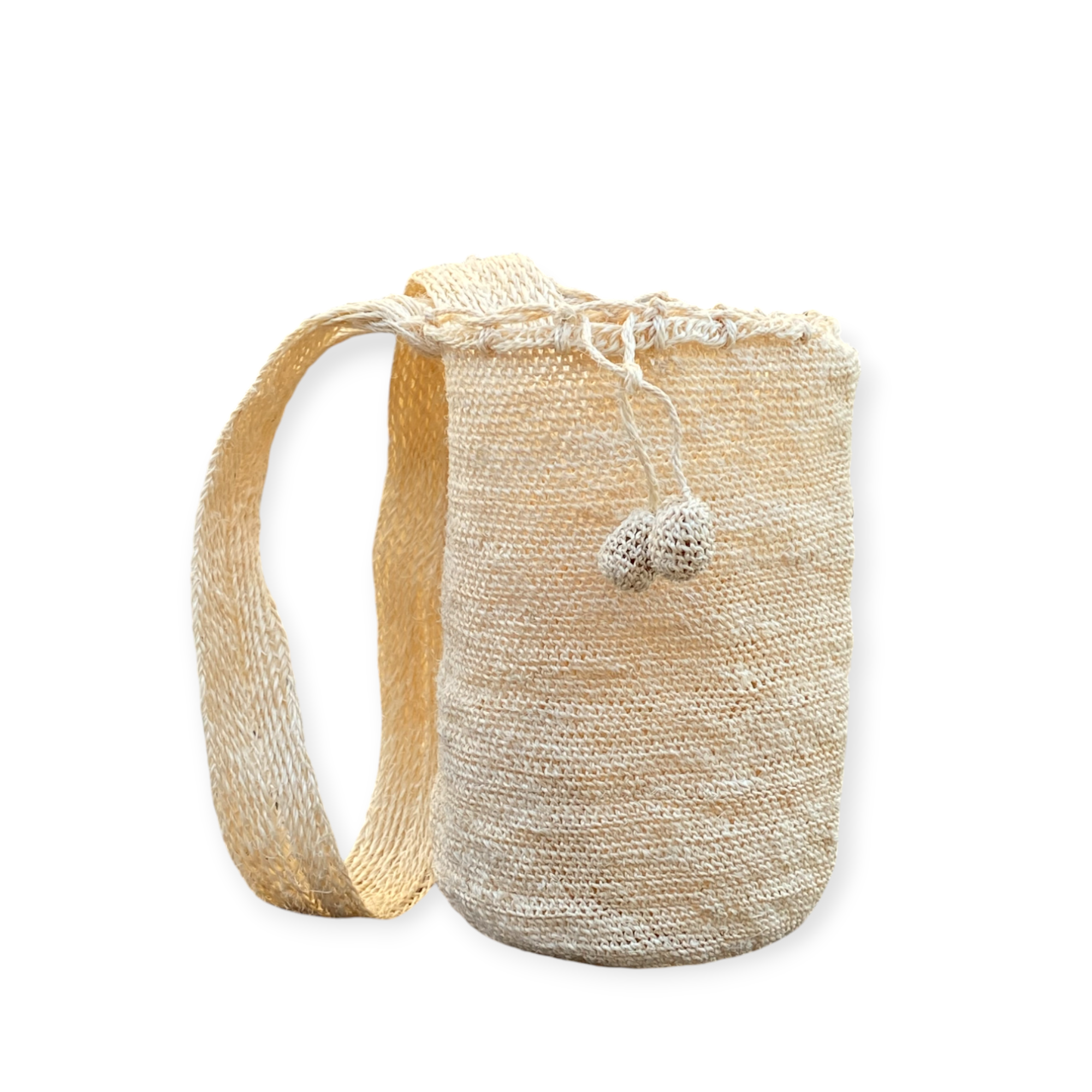 FIBI Bag Avorio S in fibra di fique intrecciata a mano – borsa piccola artigianale beige chiaro con tracolla larga e nappine, Volver Bags
