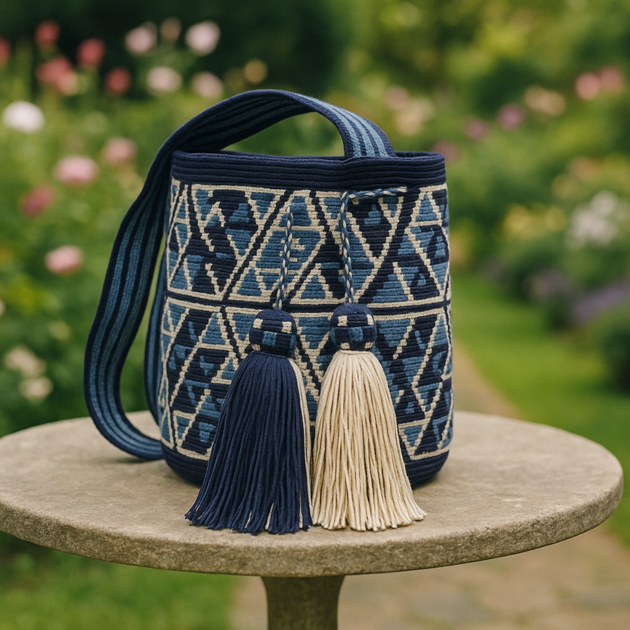 Una borsa Wayuu artigianale nei toni blu e avorio con due grandi nappine è appoggiata su un tavolo rotondo di pietra in un giardino fiorito all’inglese. Sullo sfondo, fiori colorati e piante verdi leggermente sfocate creano un’atmosfera naturale e armoniosa.
