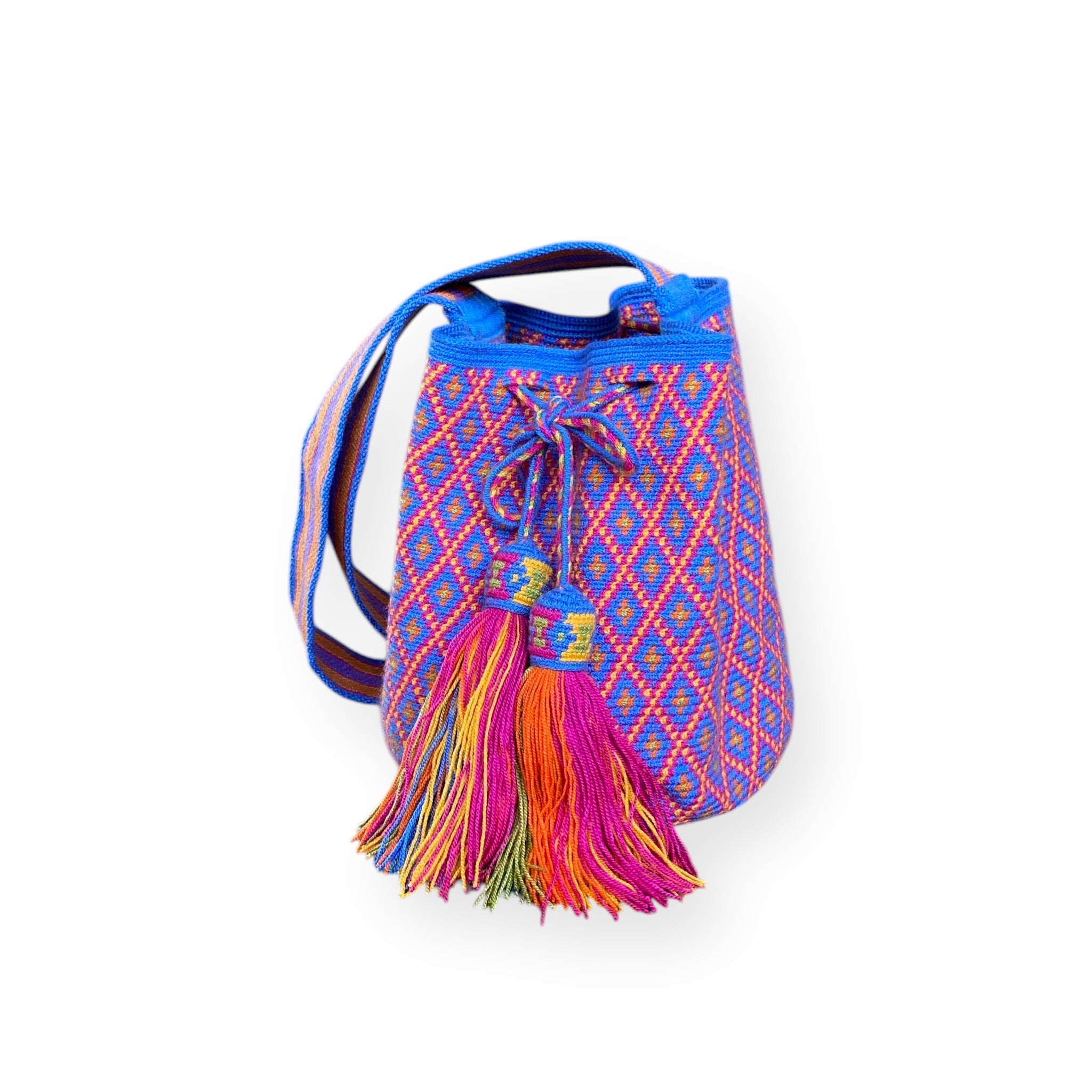 Mochila Wayuu Media Ipiaiu – borsa artigianale media con motivi geometrici colorati
