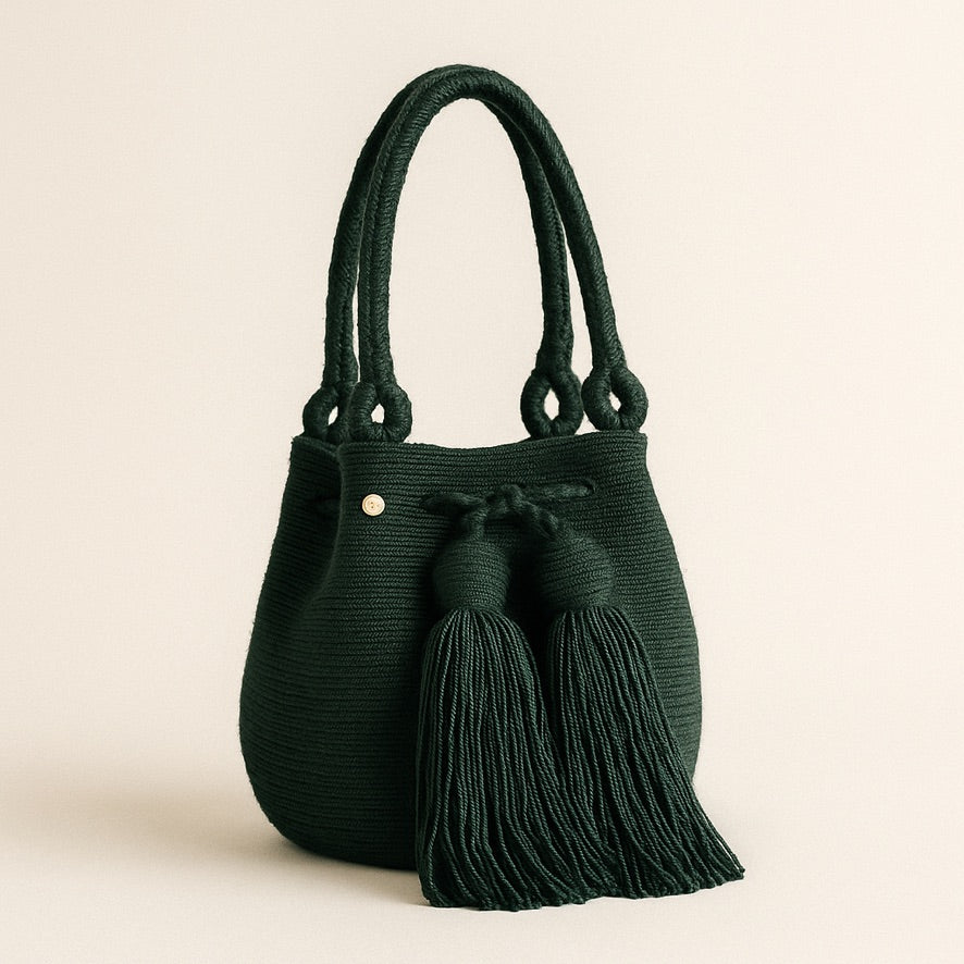 Volverina Selva verde bosco – borsa a mano artigianale Wayuu realizzata a uncinetto con filo singolo

