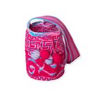 borsa piccola fucsia con sfumature rosa,lilla, pervinca e azzurre. Disegno tradizionale e nappina a pigna 