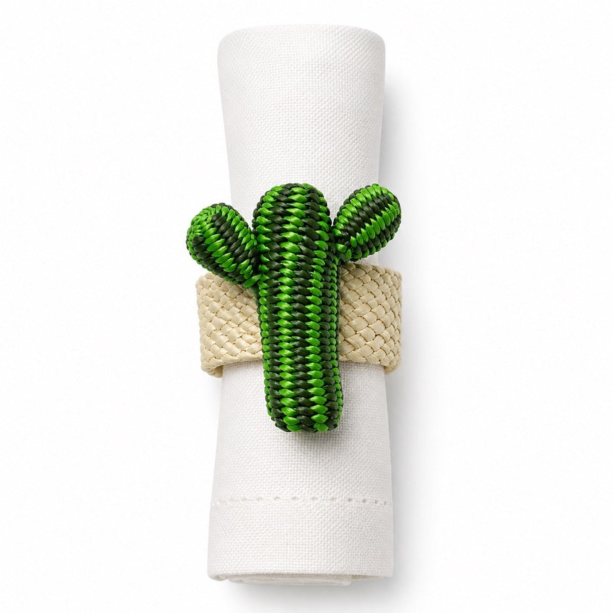 Portatovagliolo cactus in palma Iraca intrecciato a mano, nei toni del verde