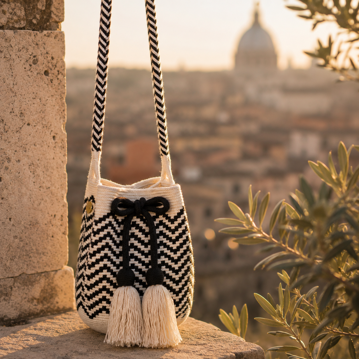 borsa intrecciata a amano bianca e nera con nappine rifinite con sfondo di roma antica al tramonto